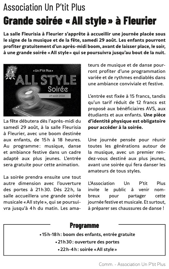 Grande soirée « All Style » à Fleurier